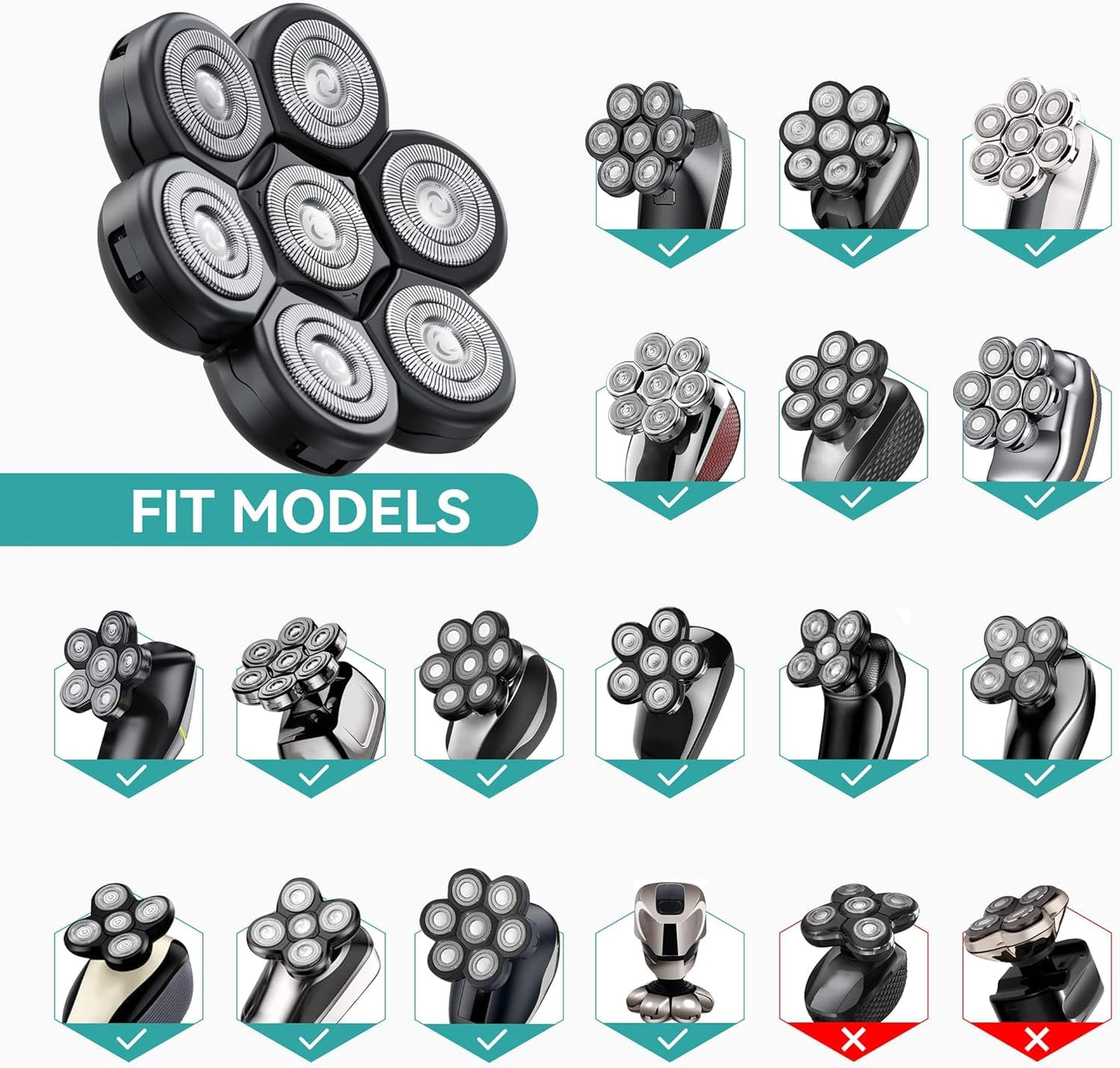 kensen 7D Head Shaver Replacement Head - Electric Shaver Replacement Head 7 Heads for Bald Men Wet and Dry Compatible Many Models Waterproof Head Razor