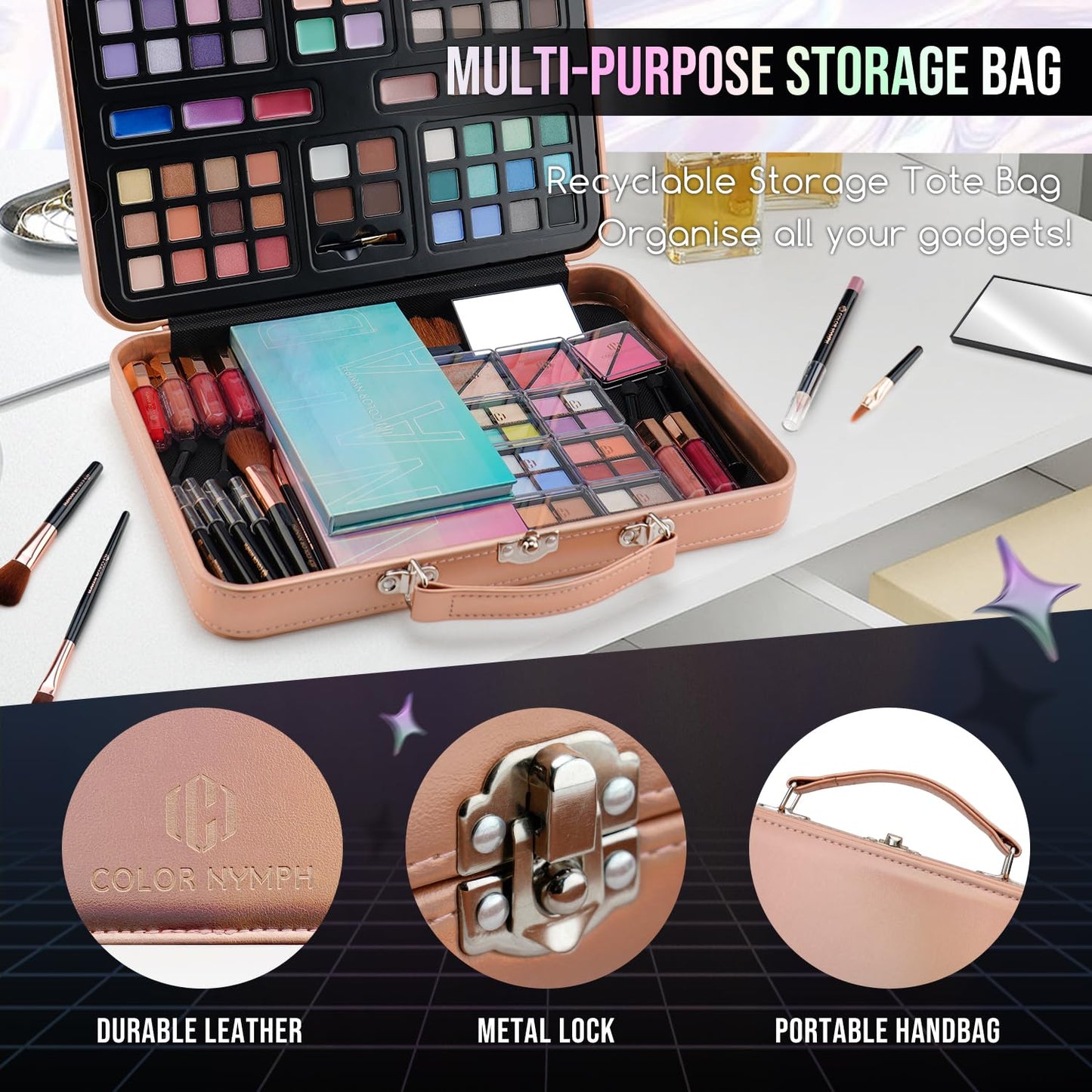 Multipurpose Makeup Kit for Teens | Non-Toxic Travel Set with Eyeshadows, Blush, Highlighter & Brushes - Gold Case