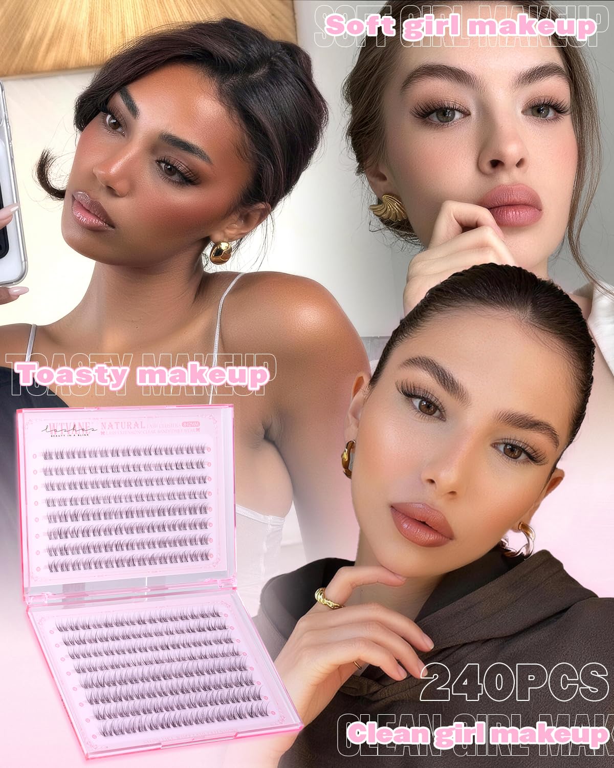 Natural Lash Clusters - Wispy Eyelash Extensions 240 Pcs | Short 8-10-12mm Individual Lashes for Beginners, Glasses Friendly