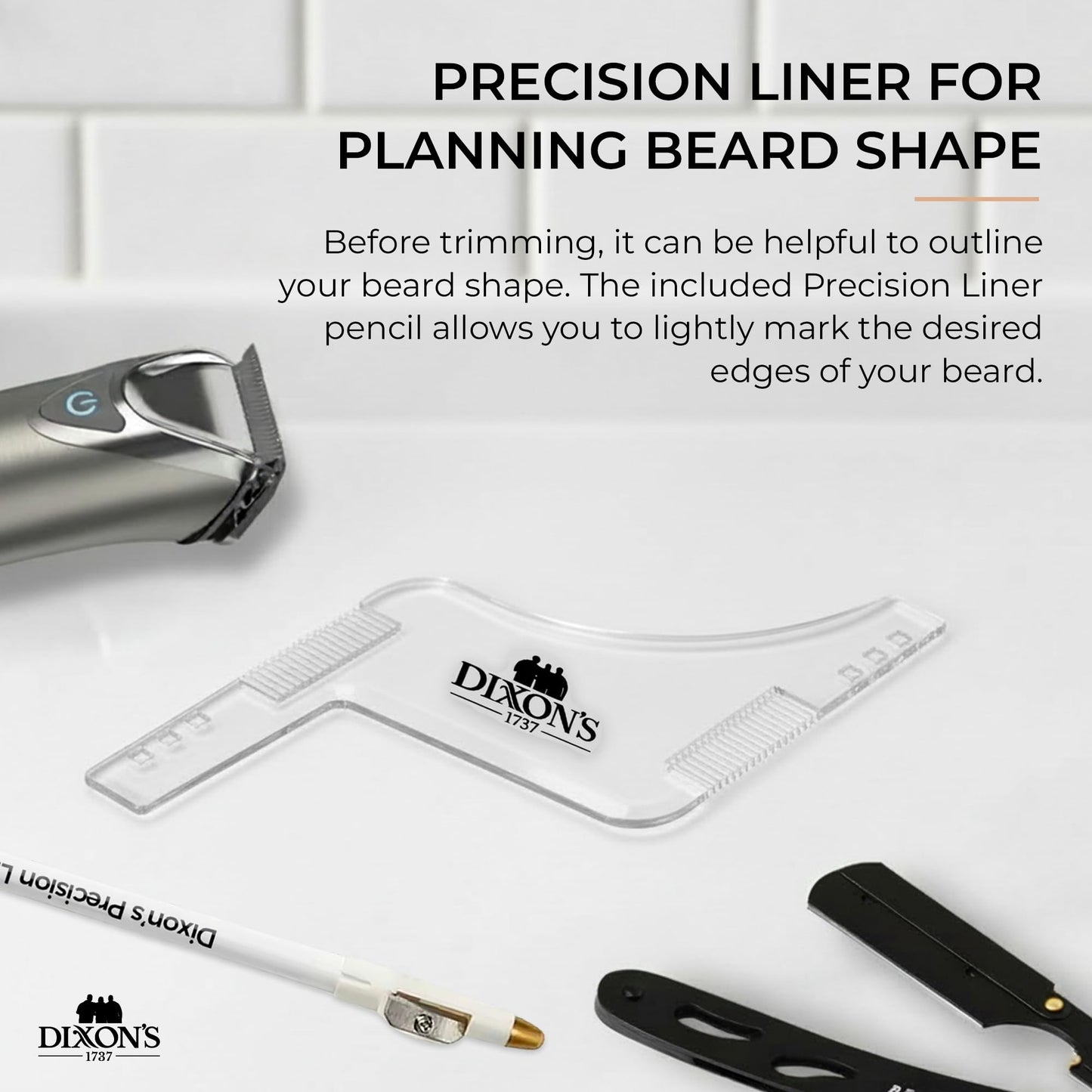 Dixon's 1737 Clear Line Pro Beard Shaper Tool for Men with Precision Liner Pencil, Transparent Beard Line Up Guide Template with Comb Edges Neckline and Cheek Line Trimming