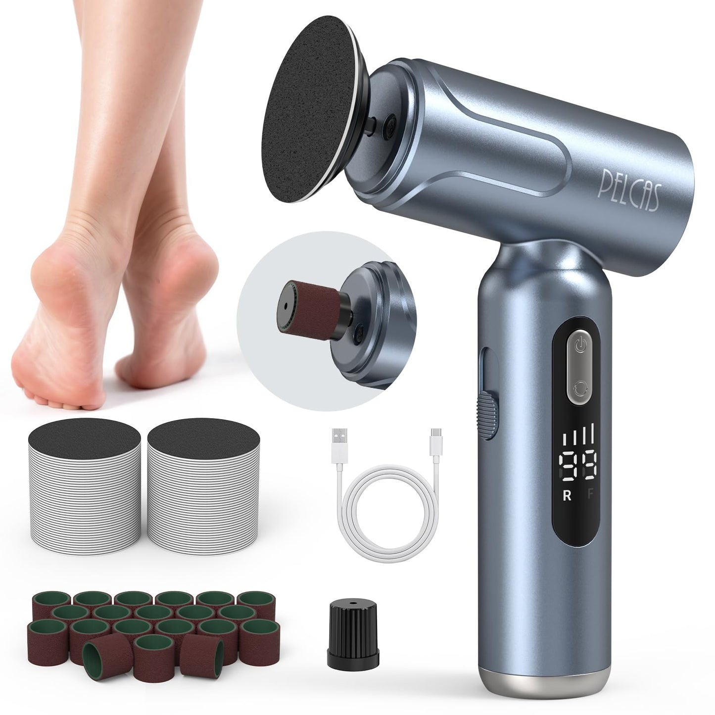 PELCAS Electric Foot Callus Remover with LED Screen, Upgraded Electric Foot File, 2 in 1 Manicure & Pedicure Kit for Women & Men, Cordless Feet Filer for Foot Callus, Thick Nails, Finger Nails Grey
