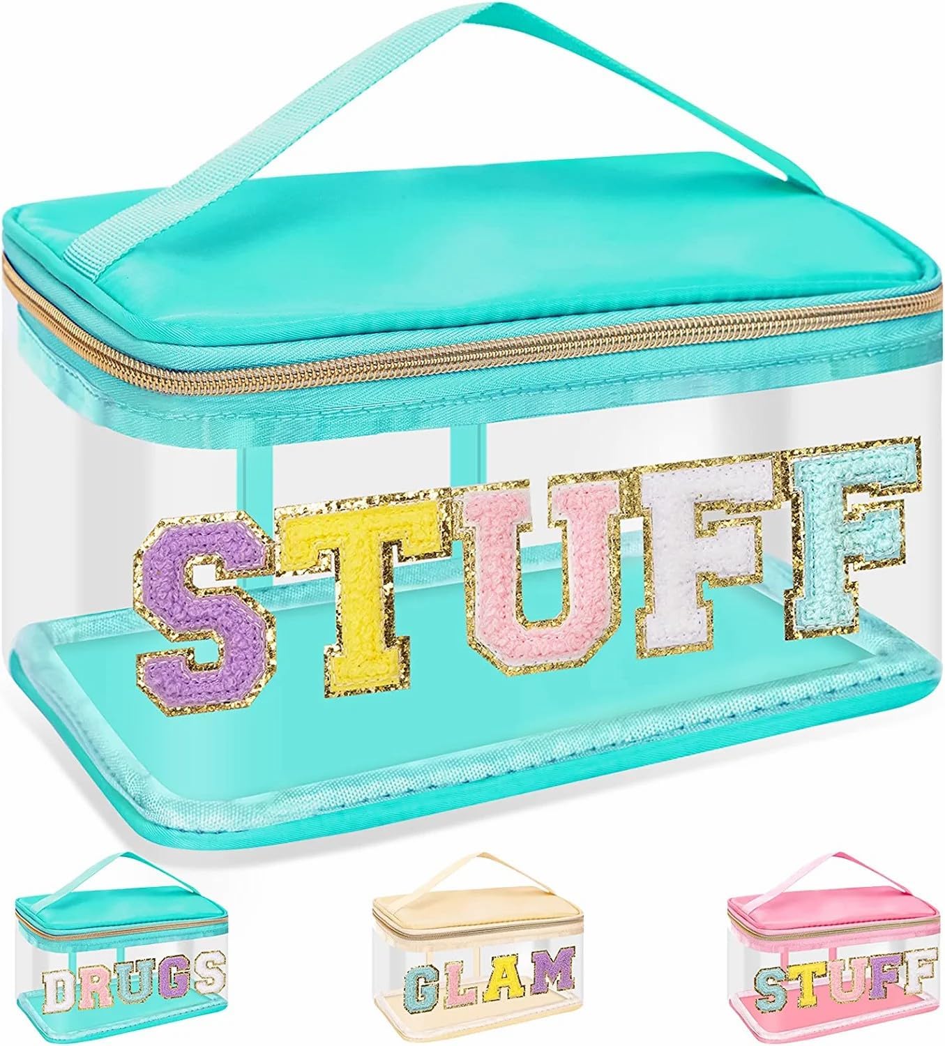 Clear Makeup Bag - Chenille Letter Hair Pouch | Waterproof Glitter Cosmetic Handbag for Travel - Green
