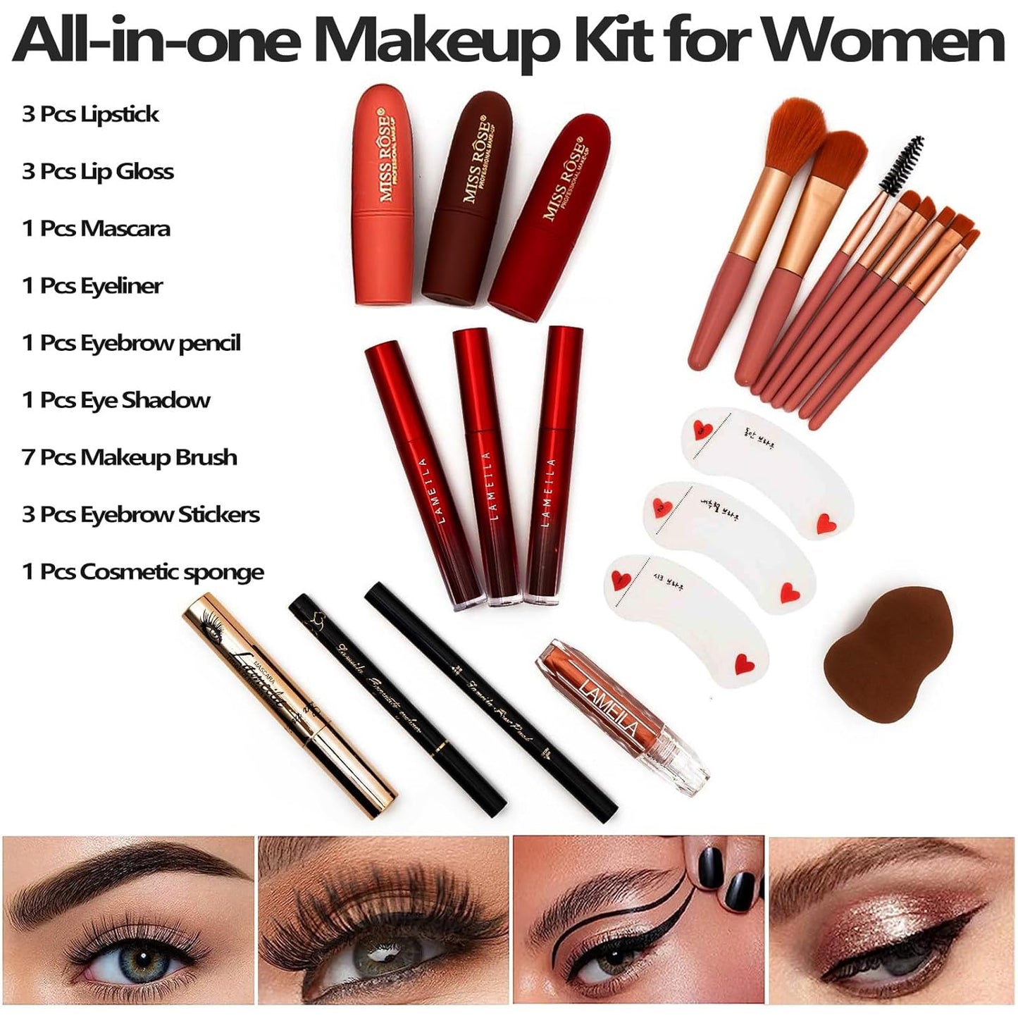 MISS ROSE Professional Makeup Palette - 148 Colors All-in-One Kit for Women | Includes Eyeshadow, Lipstick, Eyeliner, Concealer, Brushes (045 Set - Black)
