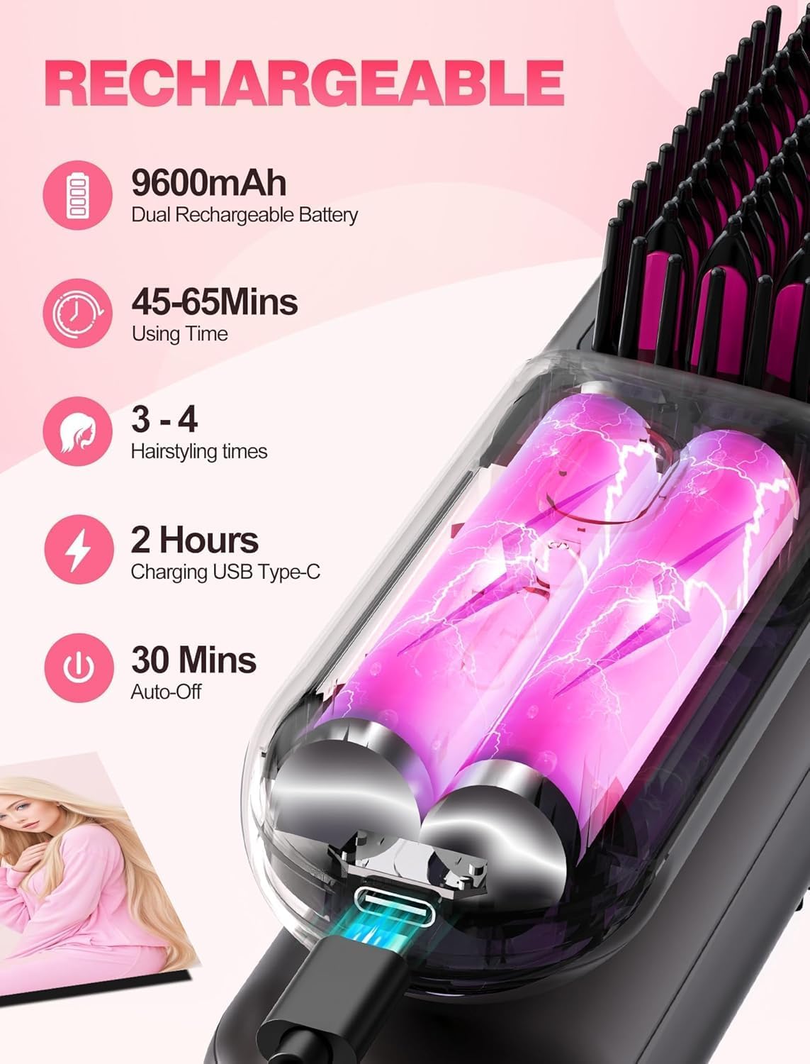Cordless Hair Straightener Brush - Go Brush Pro for Short Hair | 20M Negative Ions, Fast Heat, 12 Temp Settings, Grey