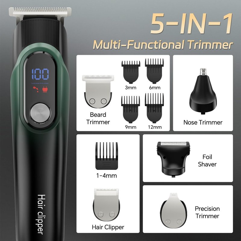 SilkGlow Beard Trimmer for Men, 5-in-1 Cordless Electric Razor for Nose Body Face Mustache, Professional Hair Clippers Shavers Grooming Kit, LED Display, Travel Lock, Gifts for Men