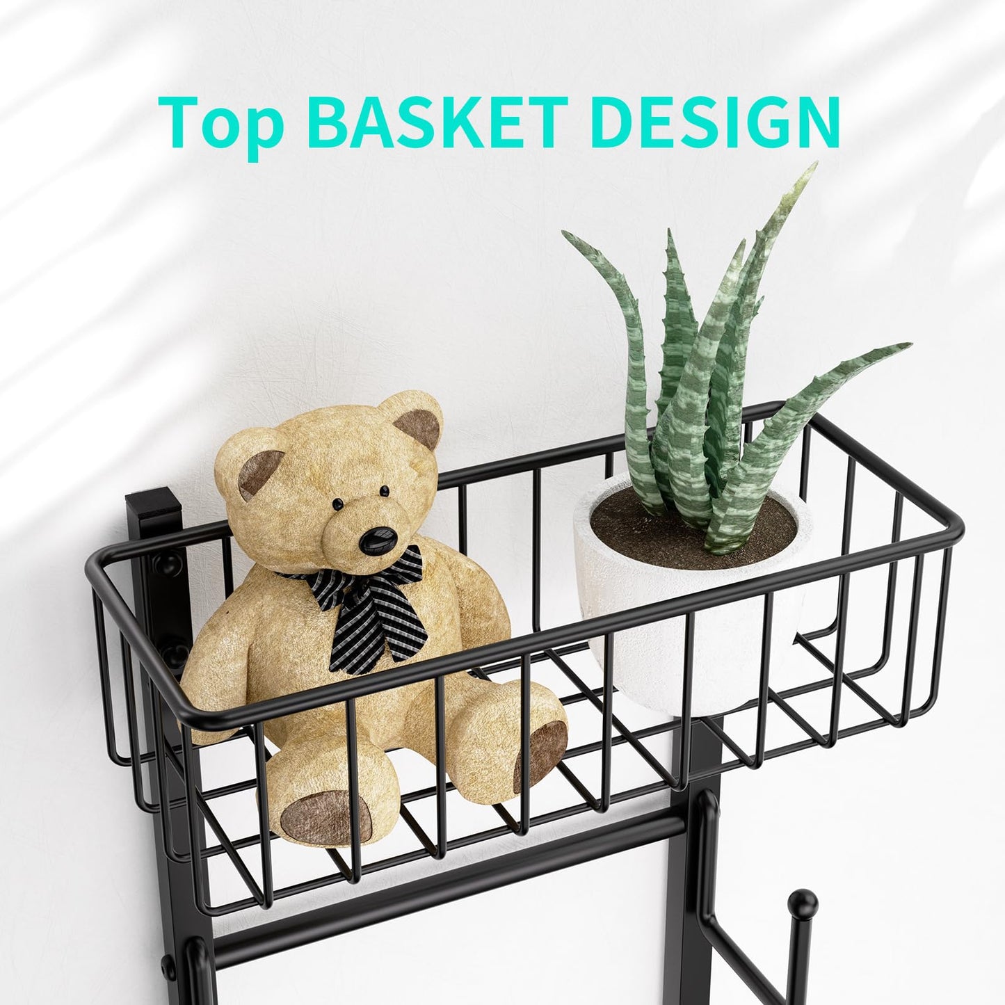 HapiRm Over Door Hat Rack - Wall Mounted Hat Organizer with 6 Hooks and Metal Basket Design, Baseball Cap Organizer Storage Holder Up to 32 Caps for Door, Bedroom, Closet (Black)