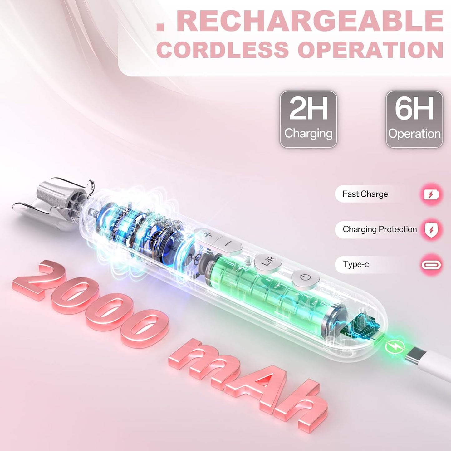 Electric Nail File Drill - Cordless 2000mAh Rechargeable Portable Nail Machine for Acrylic Manicure & Thick Toenails | Pink