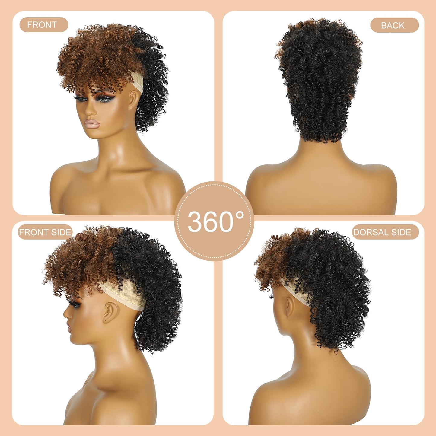 Kinky Curly Mohawk Wig - Natural Black & Caramel Brown Ponytail with Bangs | Short Synthetic Clip-In Extension 2/30
