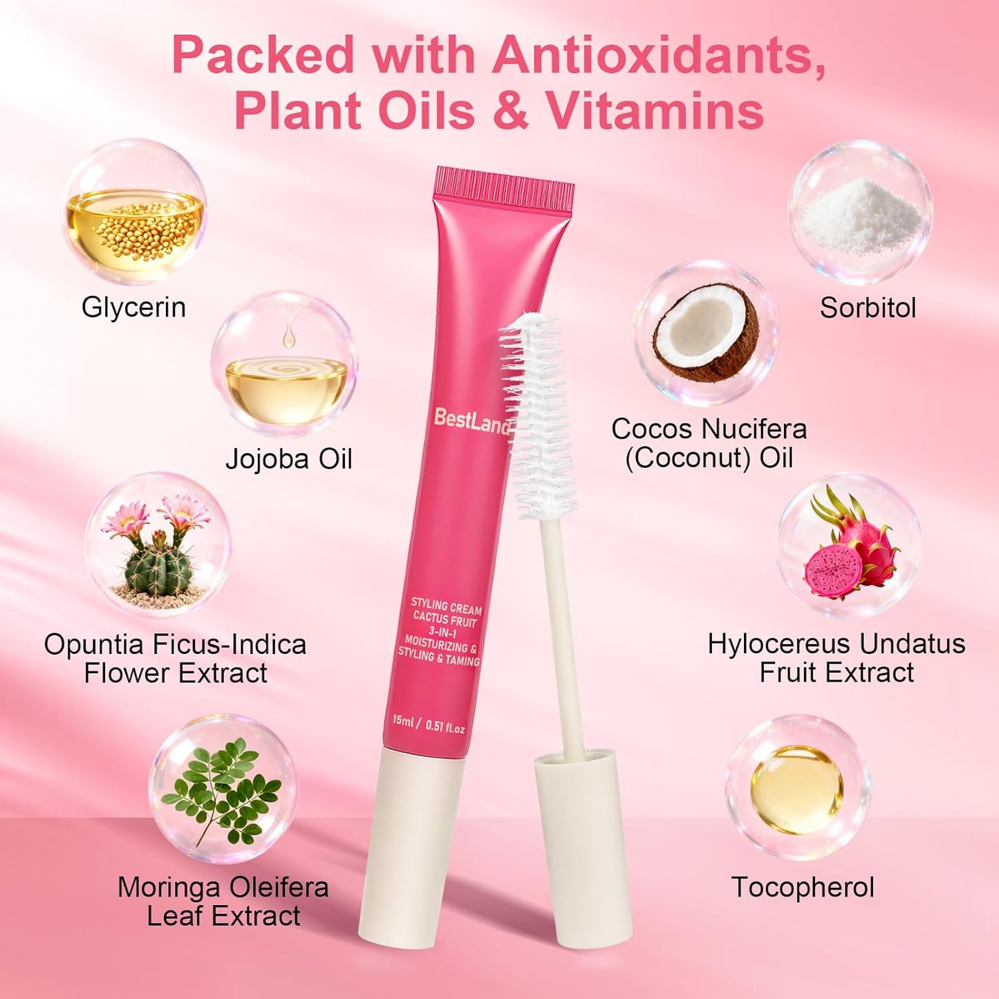 Cactus Fruit 3-in-1 Hair Styling Cream & Taming Wand - Smooth Flyaways, Control Frizz | Vegan, Lightweight Formula, Precision Brush