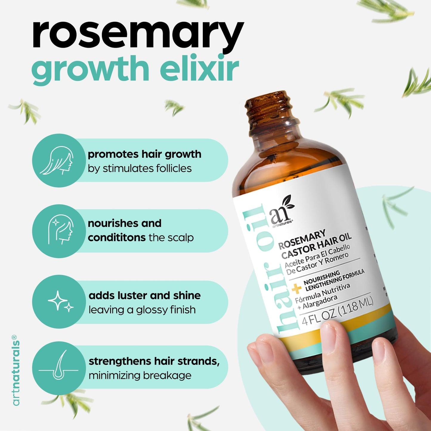 ArtNaturals Organic Rosemary Castor Hair Growth Tonic Oil + Massager Hair Regrowth Set, 4 oz with Coconut & Olive Oil, Scalp Treatment for Dry, Damaged & Split Ends