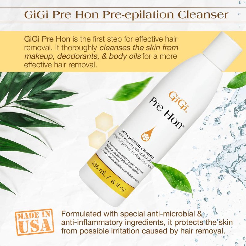 GiGi Pre Hon Pre-Epilation Pre Wax Cleanser - Skin Prep for Waxing, Removes Oil & Impurities, Ideal for Face & Body, 8 fl oz