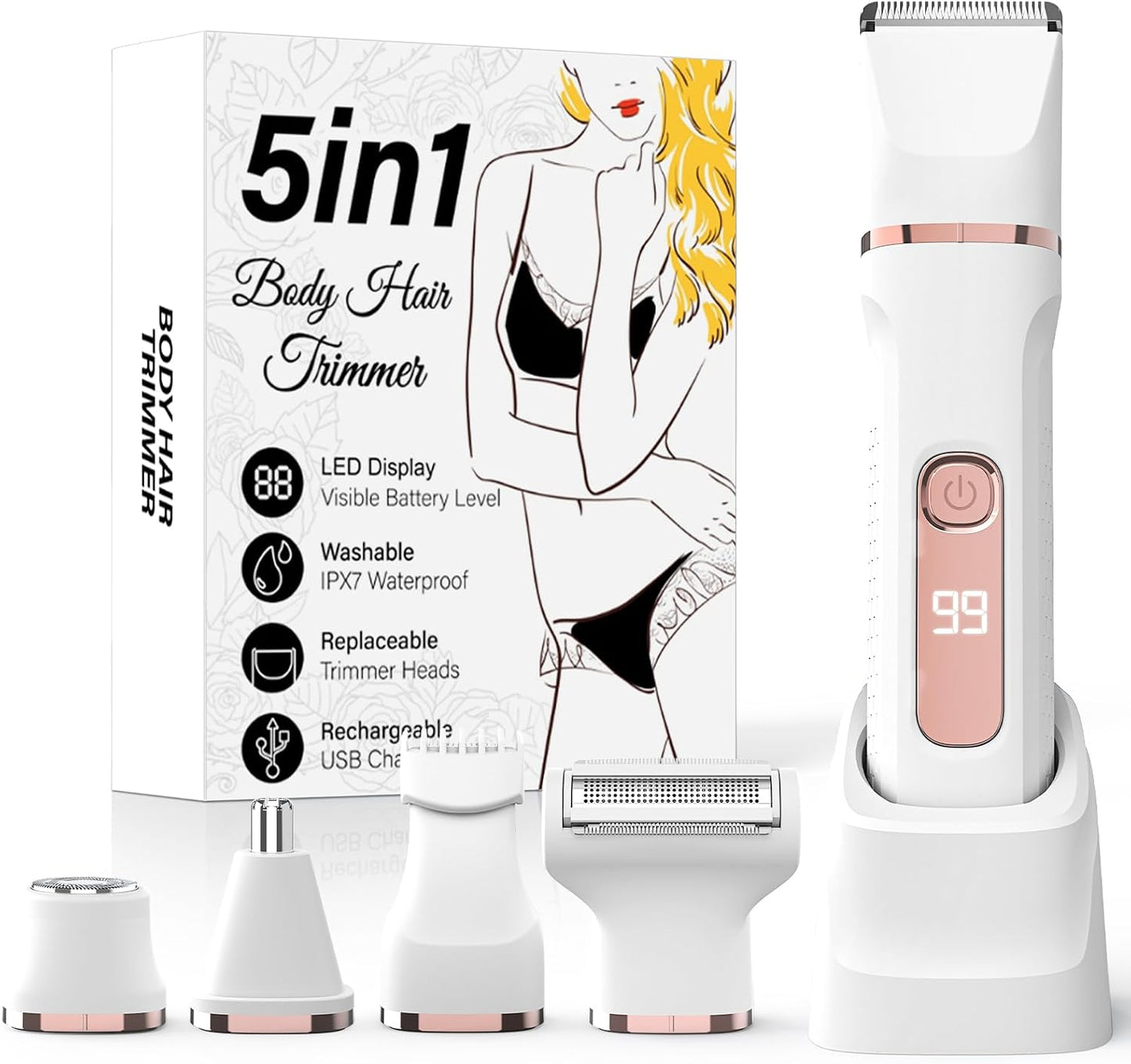 Bikini Trimmer for Women - 5-in-1 Electric Razor with IPX7 Waterproof Design | Pink, USB Rechargeable