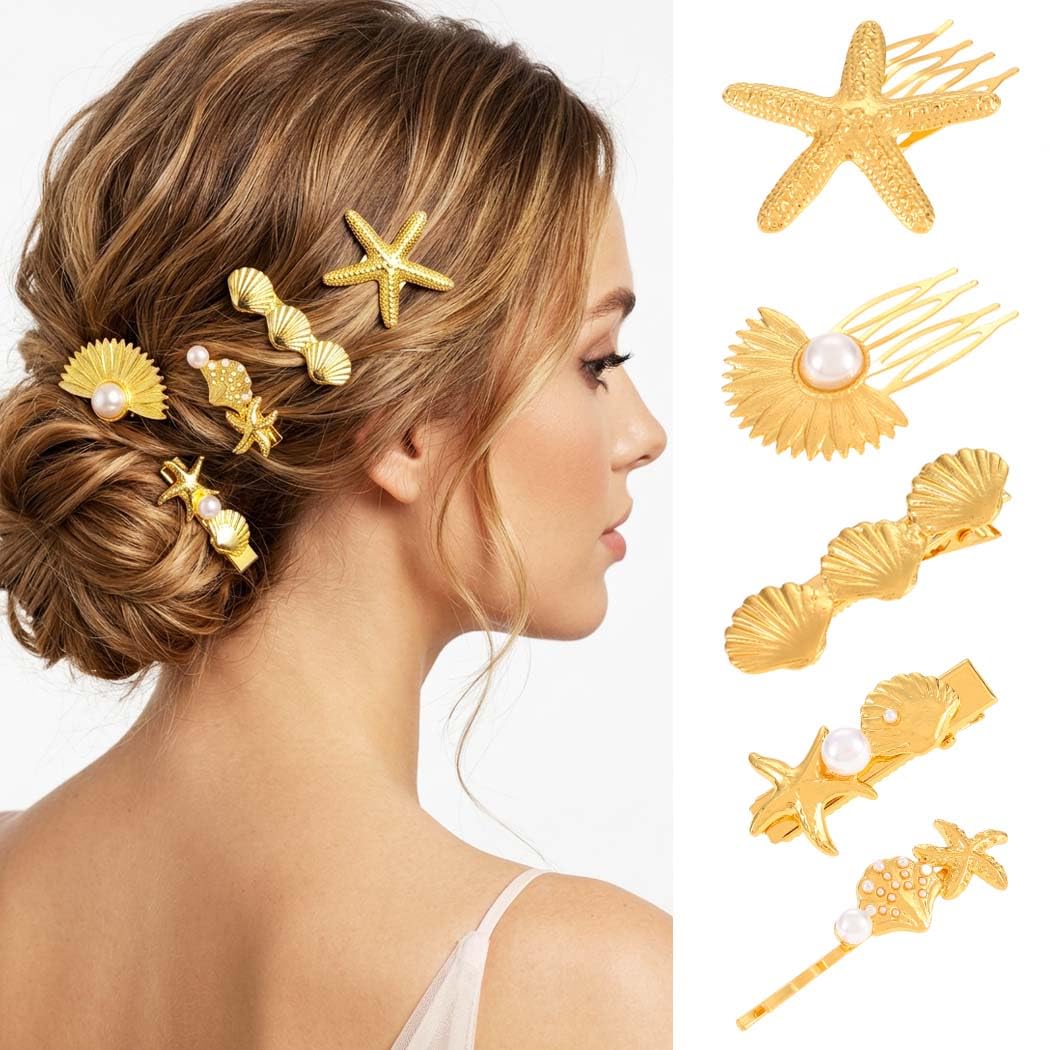 BARTOSI Shell Hair Clips Gold Starfish Hair Pins Decorative Hair Combs Hair Accessories for Women and Girls (Pack of 5)