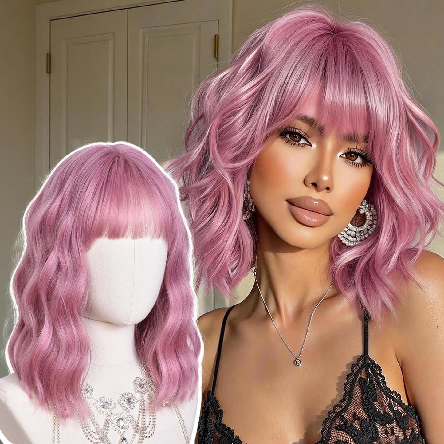 Short Wavy Wig with Bangs - Natural Curly Synthetic Hair for Daily Wear | 14-Inch Brown Highlight