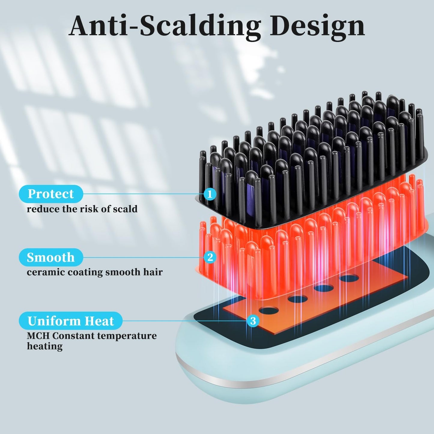 Go Brush Pro Cordless Straight Hair Brush - Portable Scald-Proof Mini Comb with 3 Temperature Settings & LED Display | Light Blue