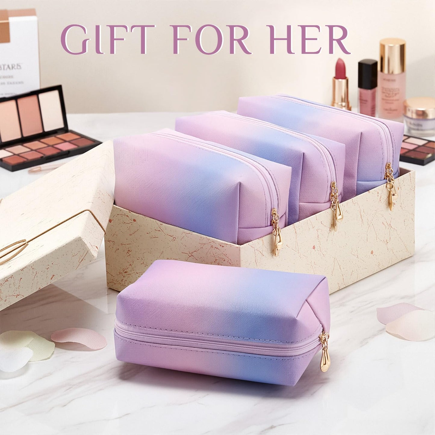 Sanwuta 9 Pcs Makeup Bags Bulk PU Double Zippers Cosmetic Bag Makeup Toiletry Small Pouch Portable Travel Organizers Case for Women Bridesmaid Proposal Gifts(Laser Purple)