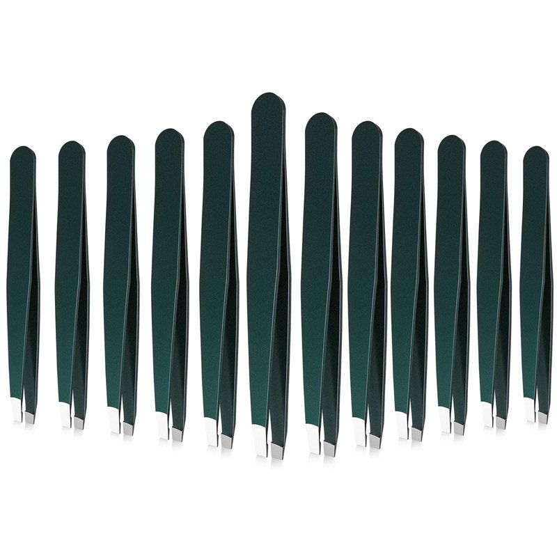Mudder 12 Pcs Eyebrow Tweezers Set for Facial Hair Stainless Steel Slanted Tip Tweezers in Bulk for Men and Women(Dark Green)