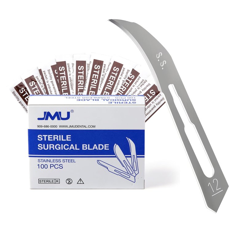JMU 100pcs Sterile Surgical Blades #12, Disposable Stainless Steel Scalpel Blades, Individually Foil Wrapped