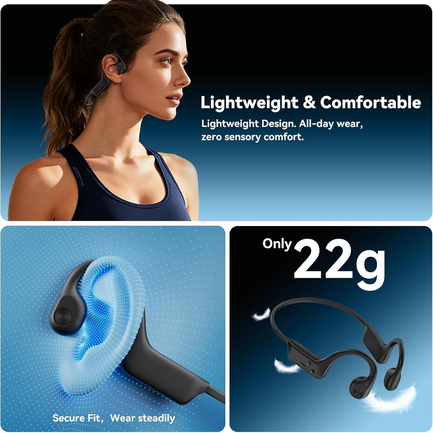 Bone Conduction Headphones - Bluetooth 6.0 Open Ear Design | IPX5 Sweatproof, Long Battery Life, Lightweight (Black)
