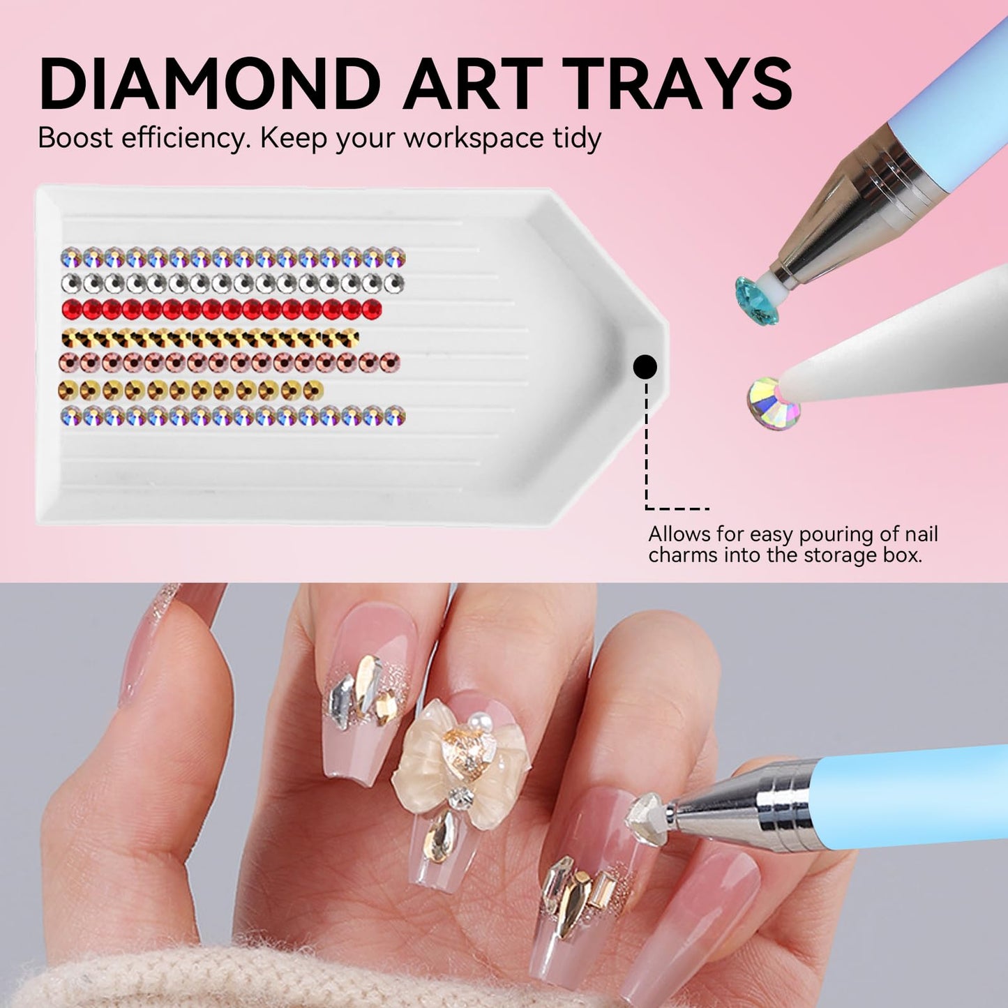 ESUOHYM 9 PCS Rhinestone Picker Tool Set, Refillable Wax Pencil for Rhinestones Bedazzling Pen Gems Picker Up Tools Diamond Art Tray Tweezers With Silicone Press Heads, Nail Art Tools for Diy Design