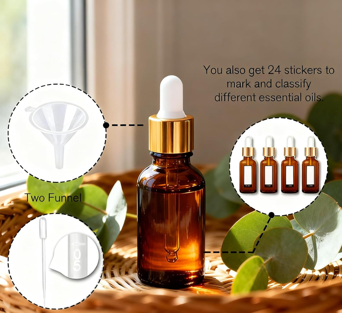 Glass Eye Dropper Bottles - 24 Pack 0.5oz Amber Leakproof Bottles with Golden Caps | Perfect for Essential Oils, Tinctures, Travel
