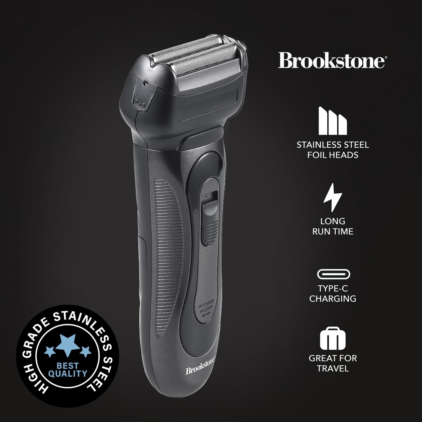 Brookstone - Electric Razor for Men, Foil Shaver, Precision Foil Blades, Comfortable Close Shave, Professional Quality (Black)