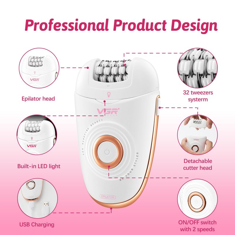 VGR 739 Epilator for Women 3 in 1 Cordless Hair Removal Device USB Rechargeable Electric Epilator with LED Light 2 Speeds Waterproof Shaver and Epilator for Legs Arms Underarms Bikini