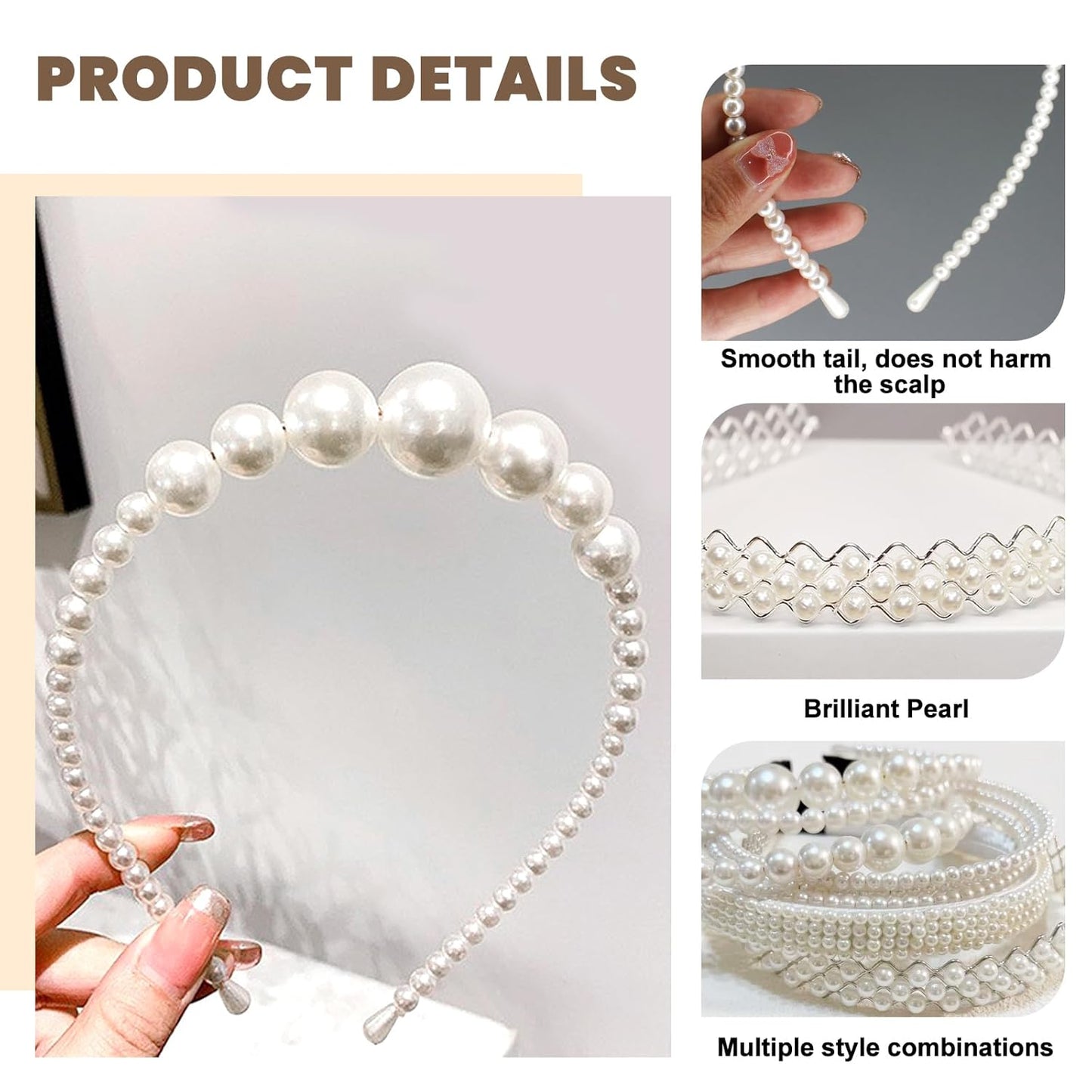6Pcs White Pearl Headbands for Women | Dainty Bling Hairbands for Weddings & Events