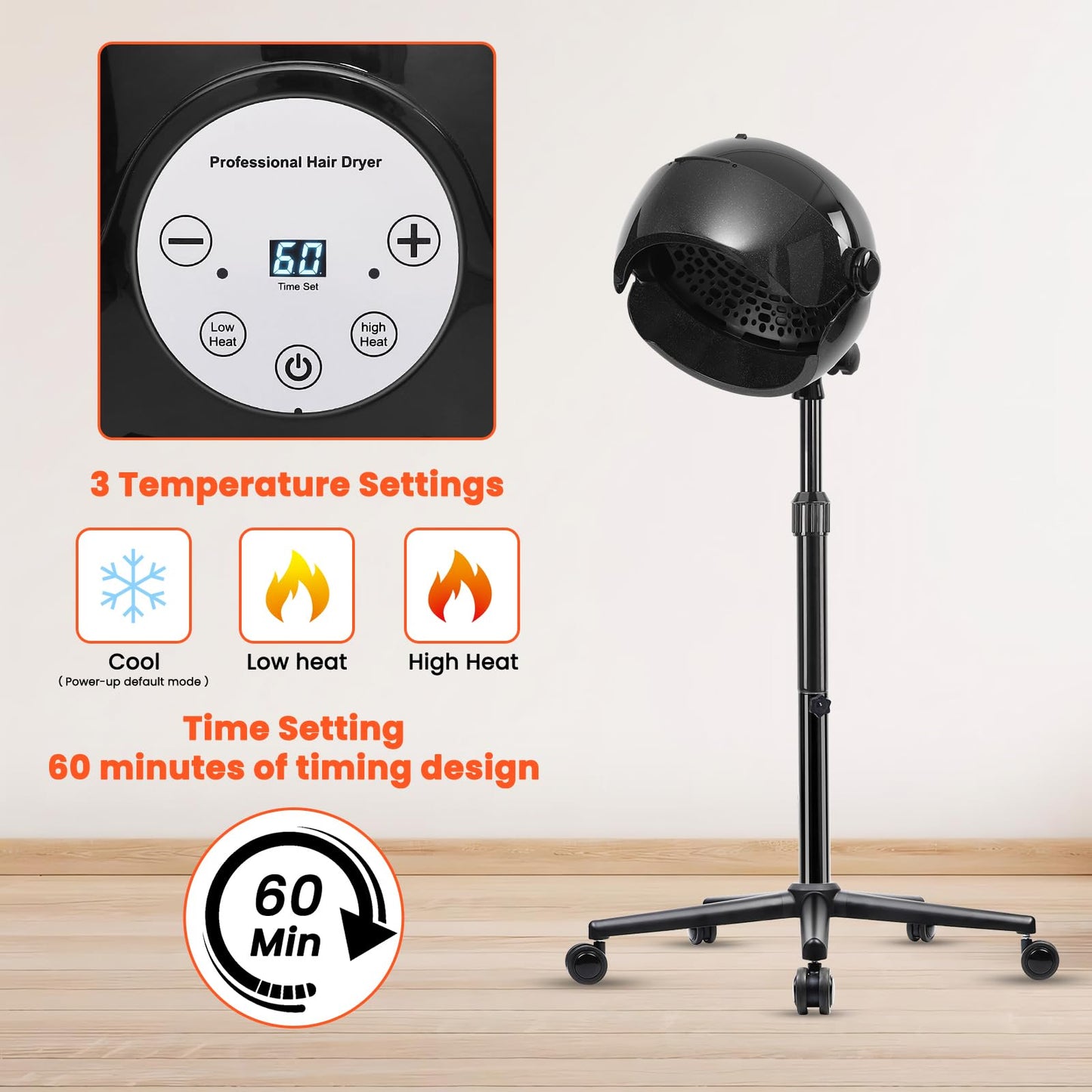 Wuissvnb Hooded Hair Dryer, Stand Hair Dryer, Professional Hooded Dryer on Wheels with Digital Display, Touch Controls and 3 Temperature Settings for Salon and Home Use - Black