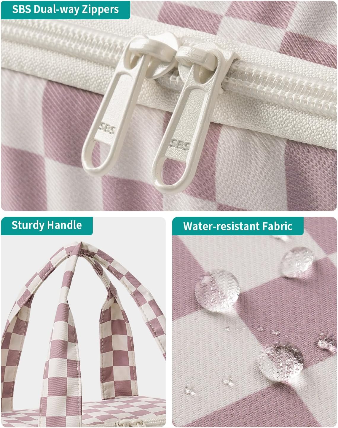 Checkered Travel Toiletry Bag for Women - Large Makeup Organizer with Handle | Dusty Pink Checkerboard