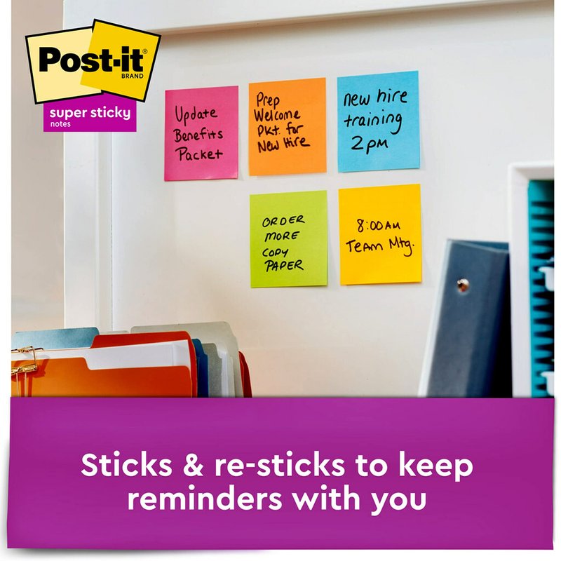 Post-it Super Sticky Notes, 3x3 in, 6 Pads, 2X The Sticking Power, Energy Boost Collection, Bright Colors (Orange, Pink, Blue, Green),Recyclable (654-6SSAU)