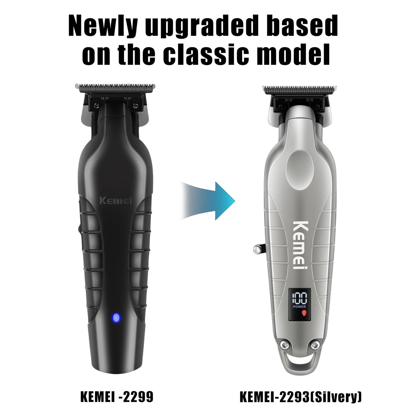 KEMEI 2293 Professional Hair/Beard Trimmer for Men Zero Gapped Hair Clippers for Barber with T Blade, Cordless Rechargeable, Silvery