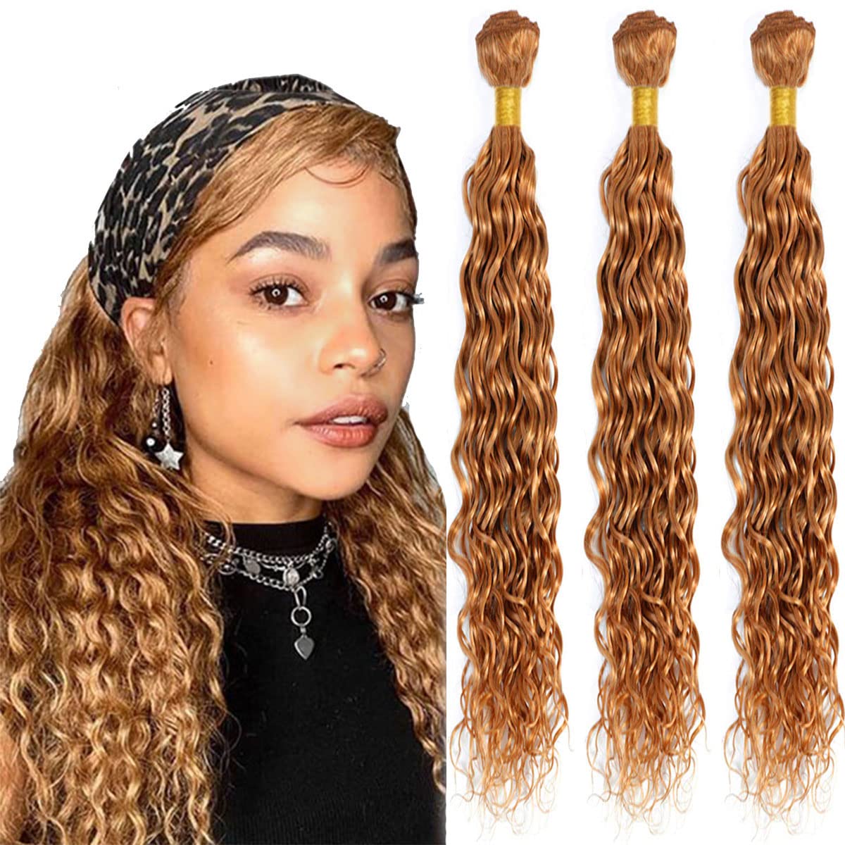 18 20 22 Inch #27 Honey Blonde Bundles Human Hair 3 Bundles Brazilian Remy Hair 100 Grams/Bundle 10A Grade Unprocessed Virgin Hairs Blonde Water Wave Bundle Weaves Extensions