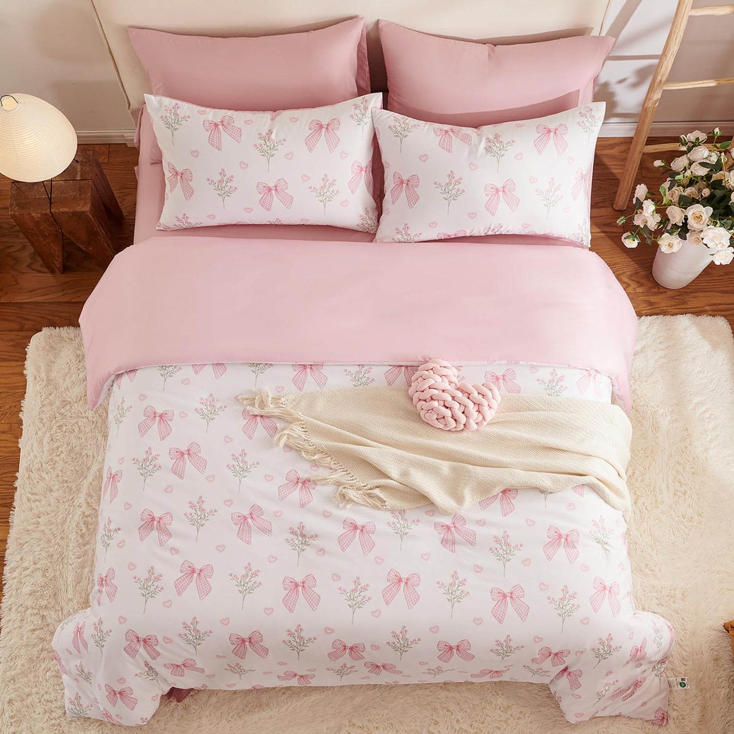 Nayoroom Pink Bow Comforter Set Full Size Coquette Pink Floral Comforter 3 Pieces Soft Lightweight Kids Girls Cute Aesthetic Dorm Bedding Set for All Seasons
