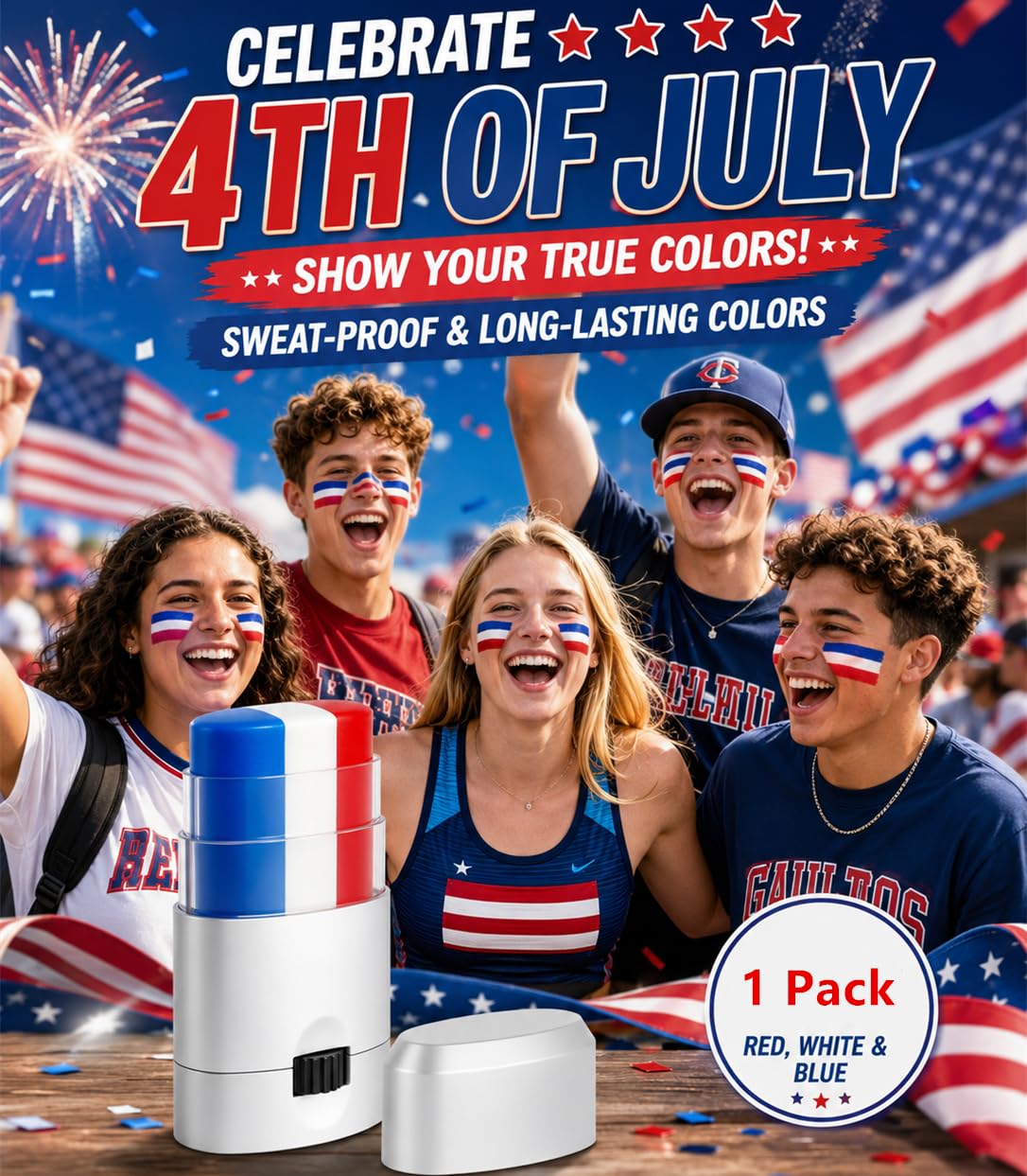 Patriotic USA Flag Face & Body Paint - Red, White & Blue Eye Black Stick for Game Day | 4th of July Accessories