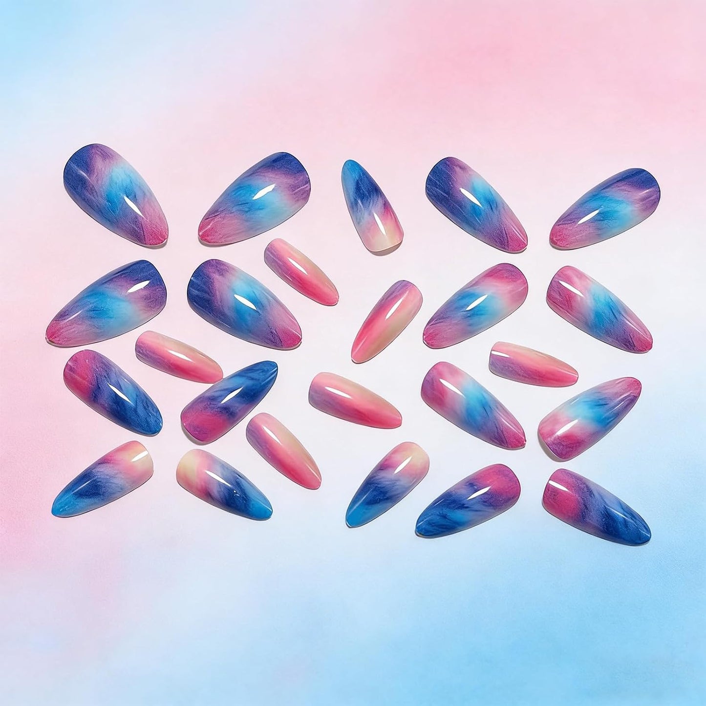 Colorful Gradient Press-On Nails - Medium Almond Summer Sunset | Reusable Glossy Full Cover 24 Pcs with Adhesive Stickers