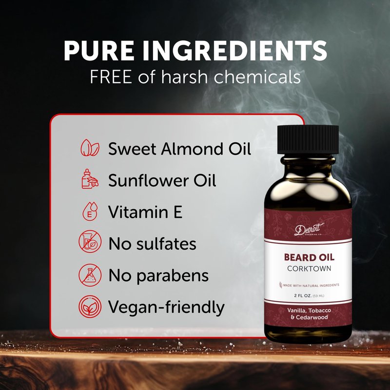 Detroit Grooming Co. Beard Oil (2oz) - Sweet Vanilla & Tobacco - Premium Nourishing Formula with Sweet Almond Oil & Vitamin E - Men's Beard Softener & Moisturizer - Double Size