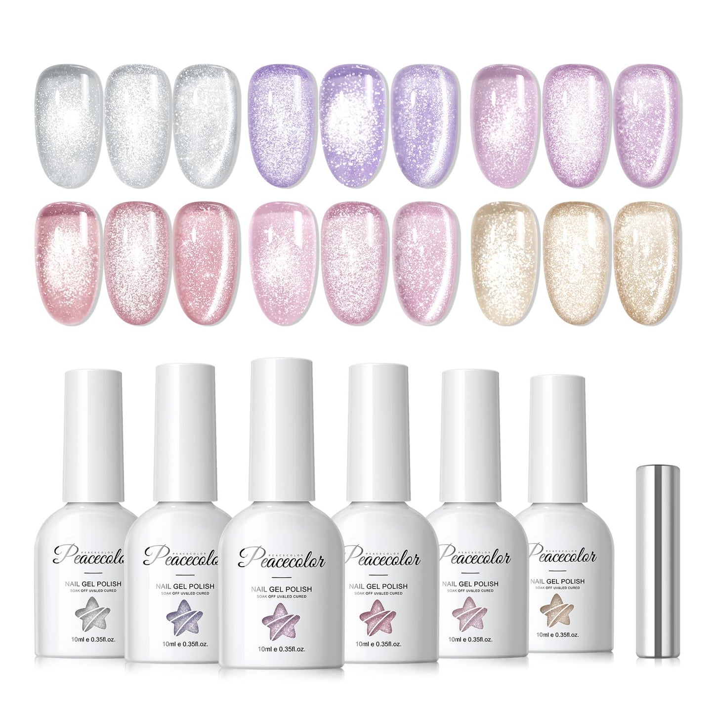 PEACECOLOR Cat Eye Gel Polish Set with Magnet, 6 Colors 10ML Nude White Milkly Sheer Colors Magnetic Nail Polish Salon DIY at Home