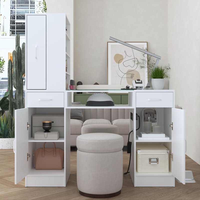 Manicure Table - Nail Desk Station with Glass Top & Wrist Rest | Storage Cabinets & Power Outlets (White)