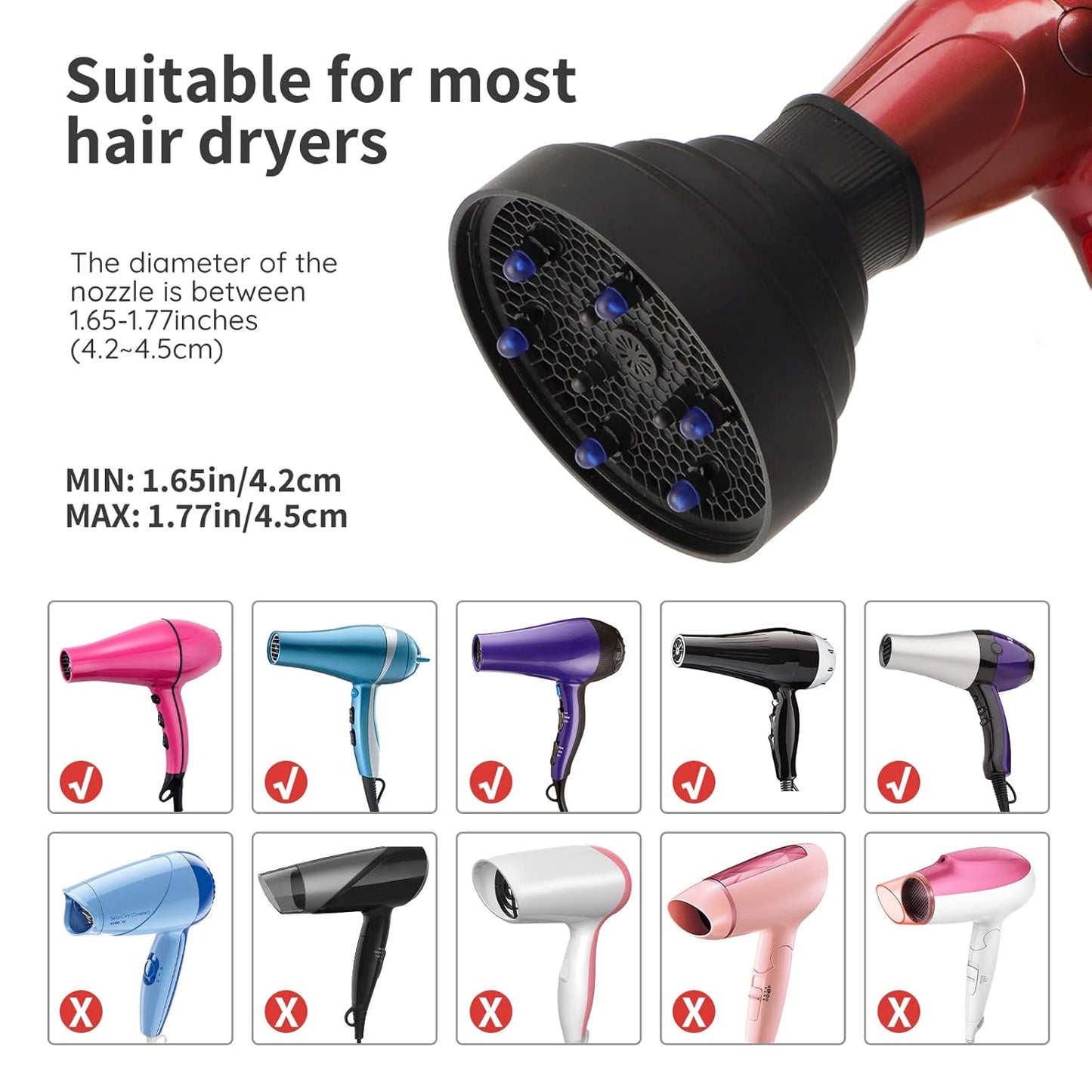 Travel Hair Dryer Diffuser - Collapsible Portable Attachment for Natural Thick Hair | Fits 1.65" to 1.77" Nozzles - Black