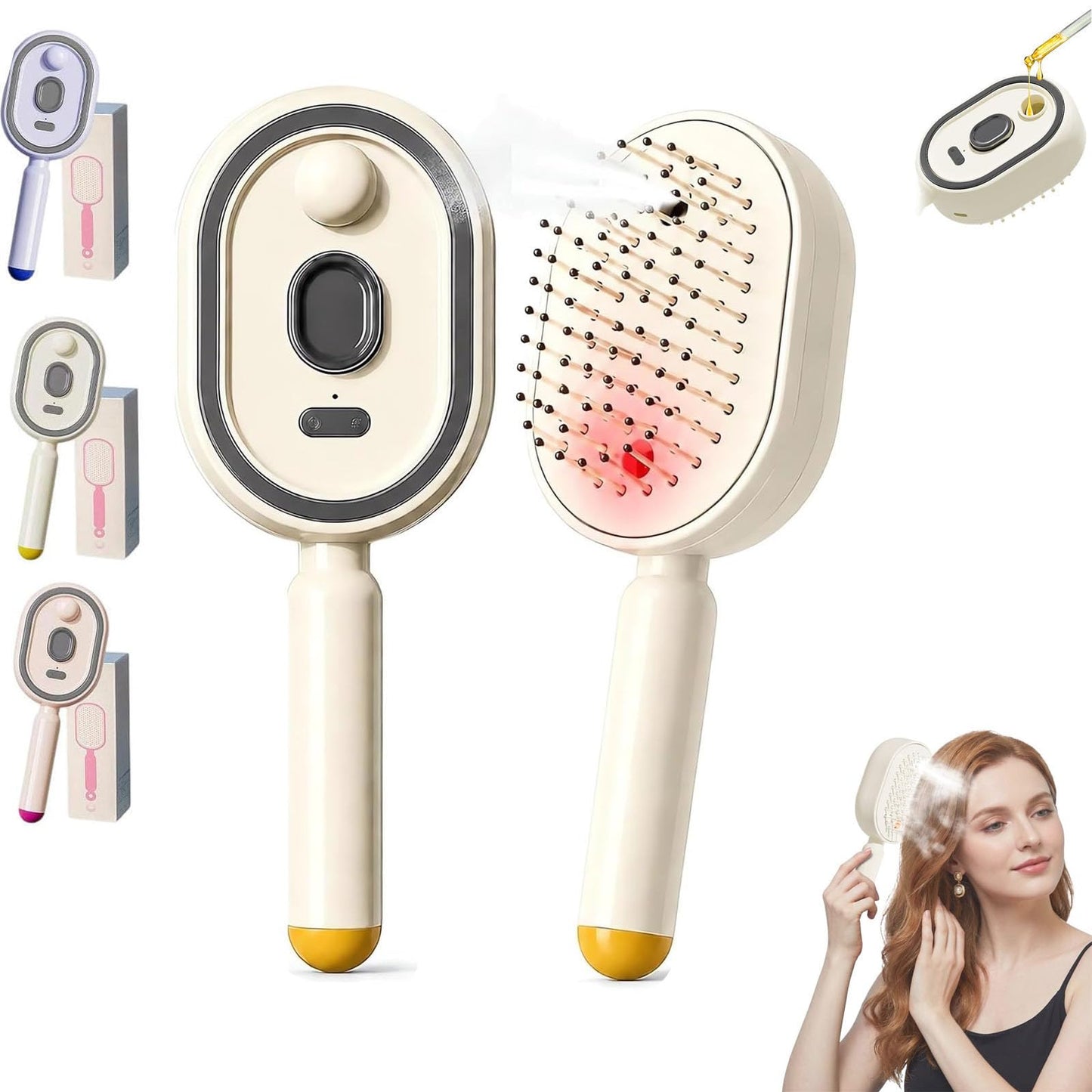 Electric Spray Air Cushion Massage Comb, Self-Cleaning Anti-Tangle Hair Brush With Essential Oil Mis, Rechargeable Detangling Electric Steam Brushs for Hair for Reduce Frizz, Nourishes Hairs (White)