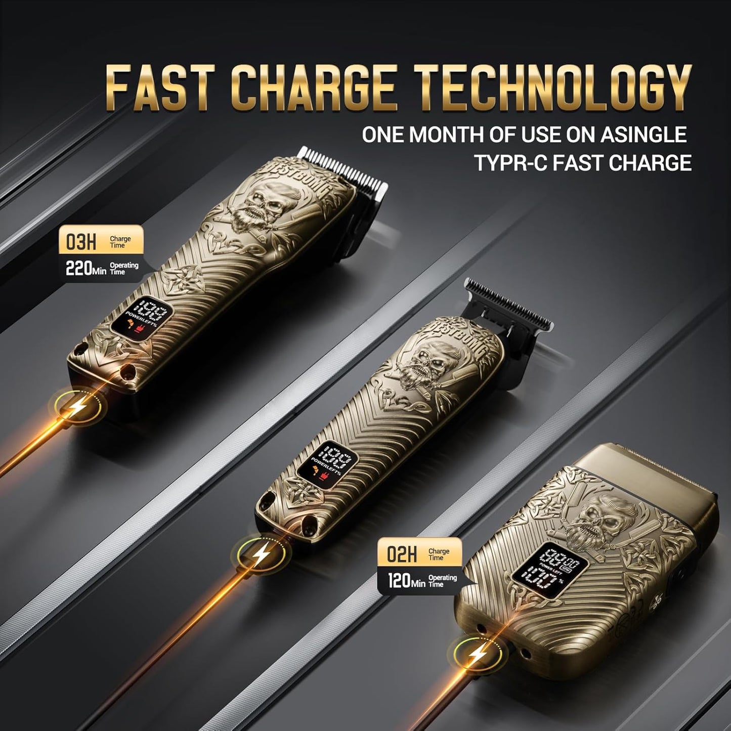 Professional Hair Clippers for Men - Rechargeable Metal T-Blade Beard Trimmer & Shaver Set | LED Display, Bronze