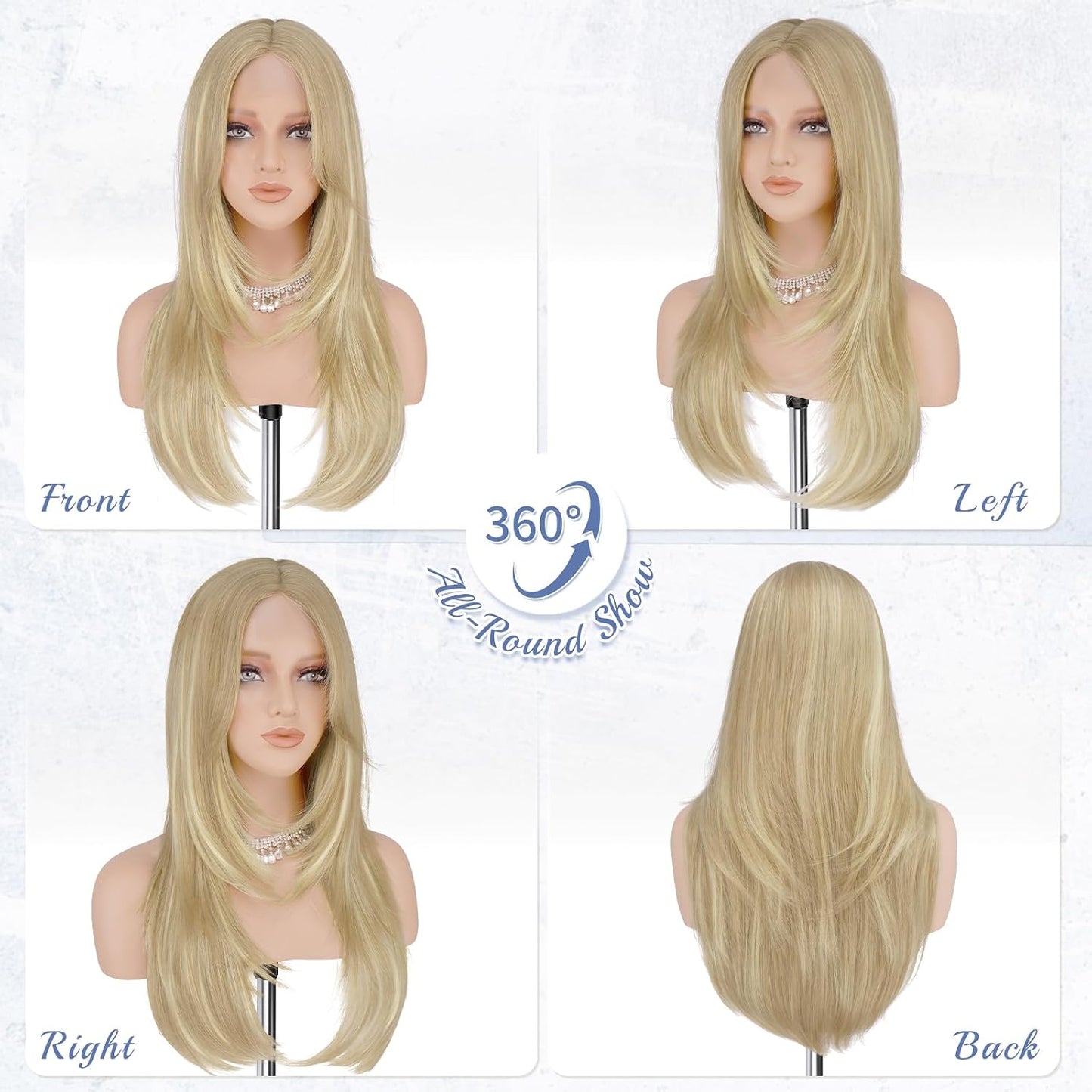 Blonde Wig with Curtain Bangs - Lace Front Synthetic Hair, 24 Inch Dirty Blonde | Natural Looking, Long Layered Style