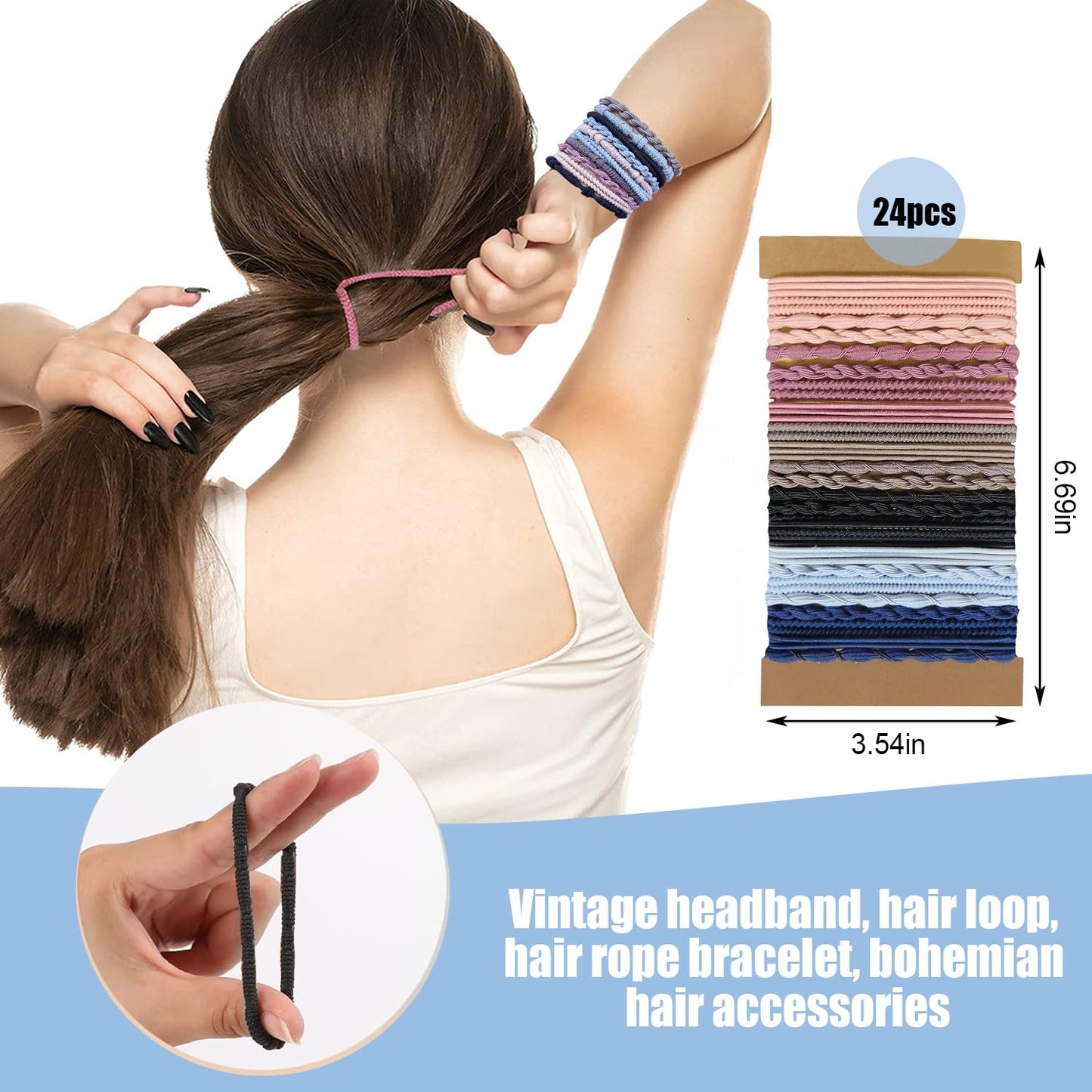 24 Pcs Boho Hair Ties for Women, 6 Styles Cute Bracelet for Girls, No Damage Elastics for Thick Hair/Pony Tails