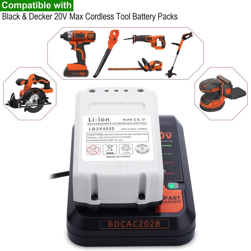 BDCAC202B 2.0A Charger Compatible with Black & Decker 12V MAX and 20V Battery LBXR20 LBXR2020 LBX4020 LBX20 LBD1520S, Compatible with Black and Decker 20V MAX Lithium Battery Charger Replacement