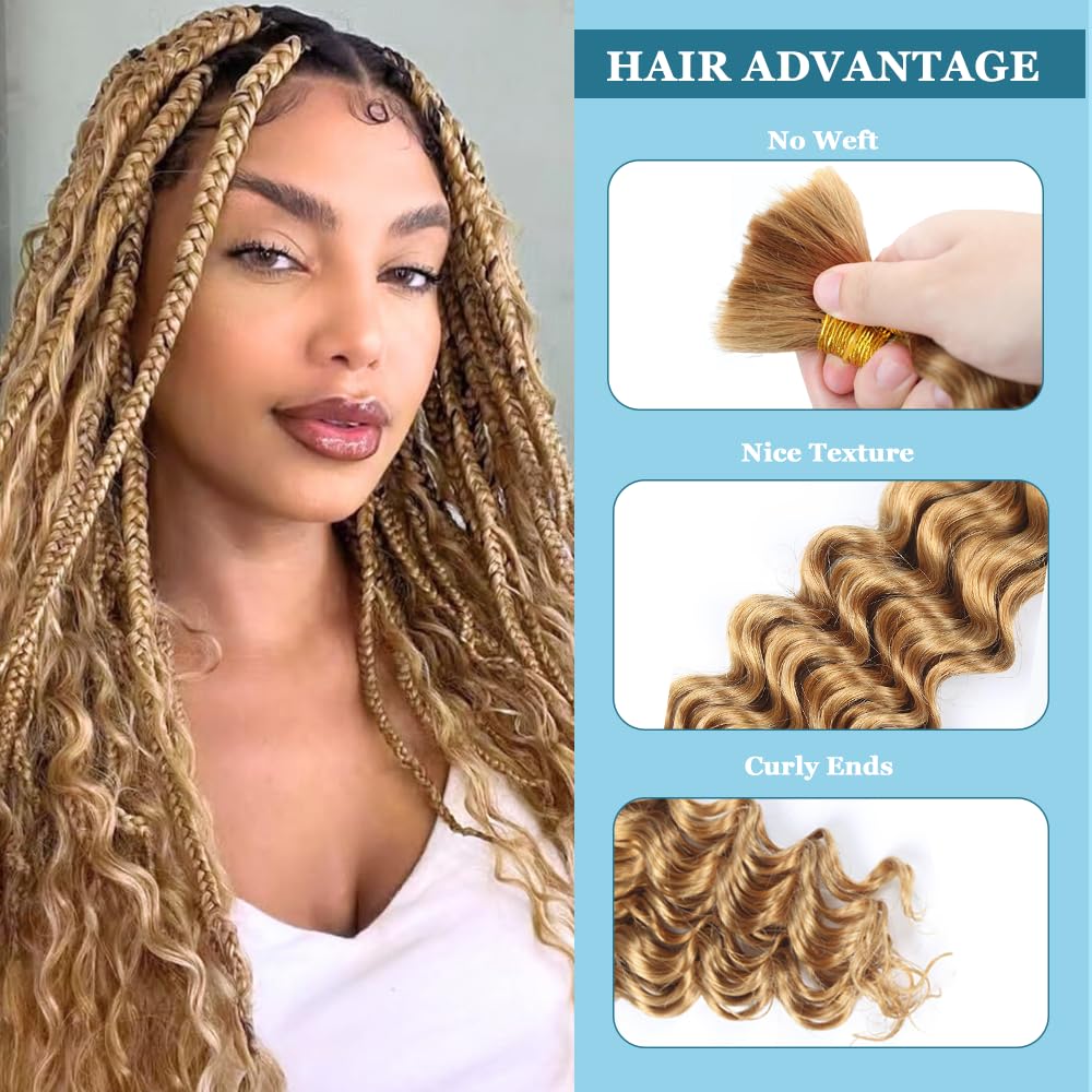Honey Blonde Human Braiding Hair for Boho Braids 2 Bundles 18 Inch 110g 12A 27 Blonde Deep Wave Braiding Hair for Braids Brazilian Bulk Human Hair Extensions