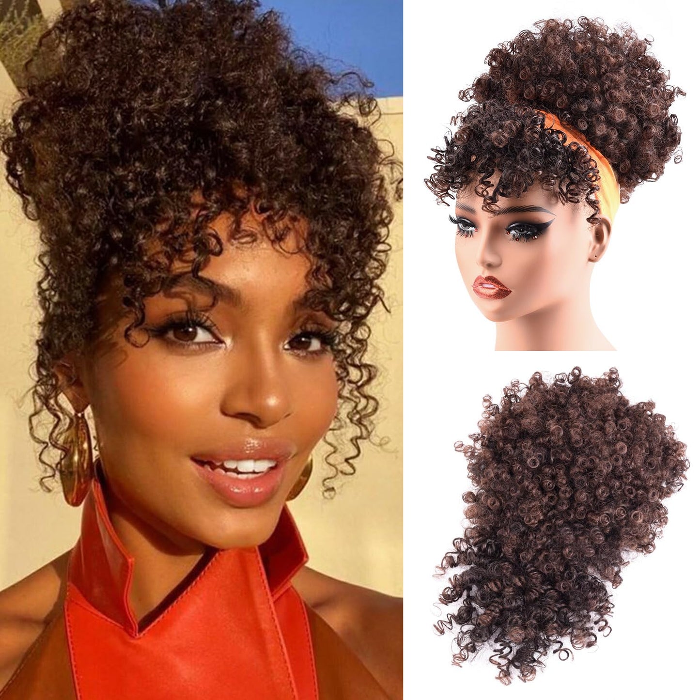 Drawstring Ponytail for Black Women - Kinky Curly Afro Puff Hair Extension with Bangs | Natural Updo Wig