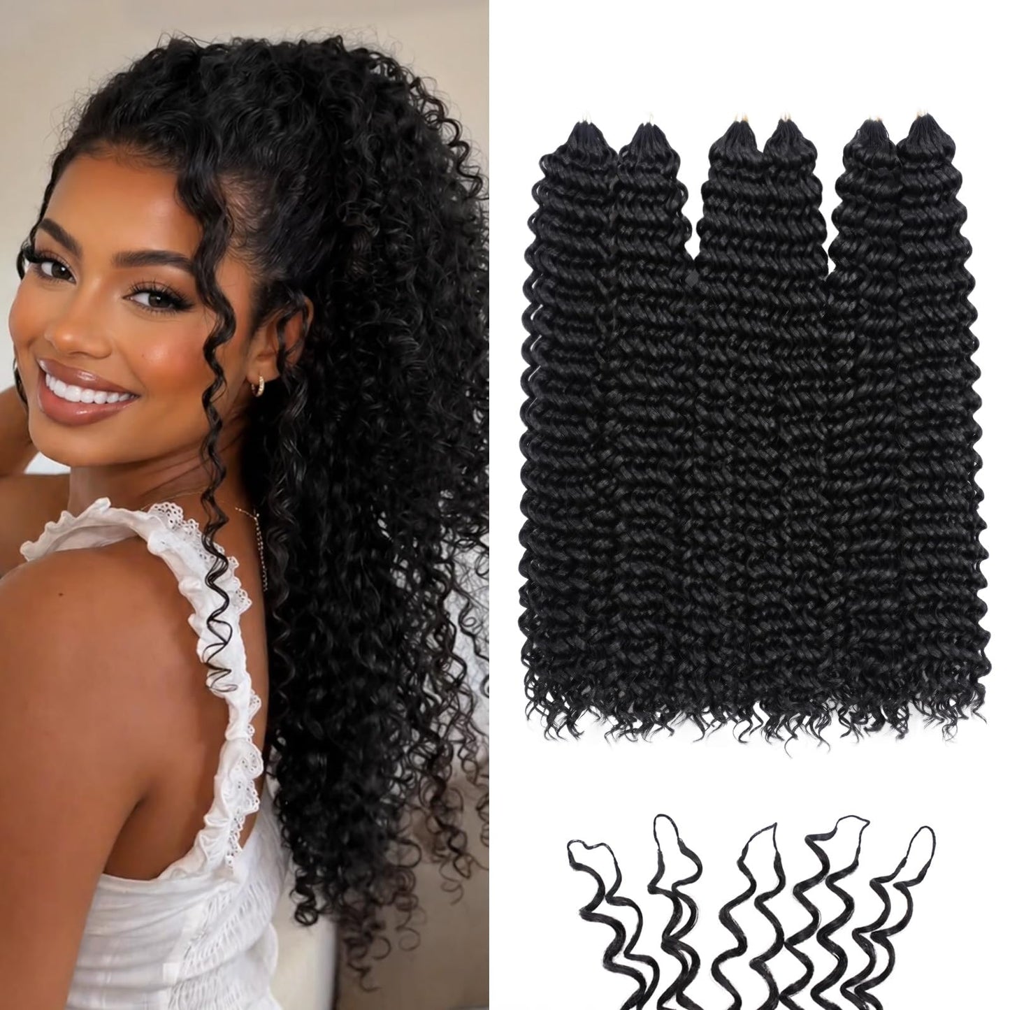 Miracle Knots Feather Crochet Hair (Jerry Curl) - 14" Hand-Tied Synthetic Extensions, 150 Strands Soft Cotton Core Glue-Free Knotless Hair Pieces (Natural Black)