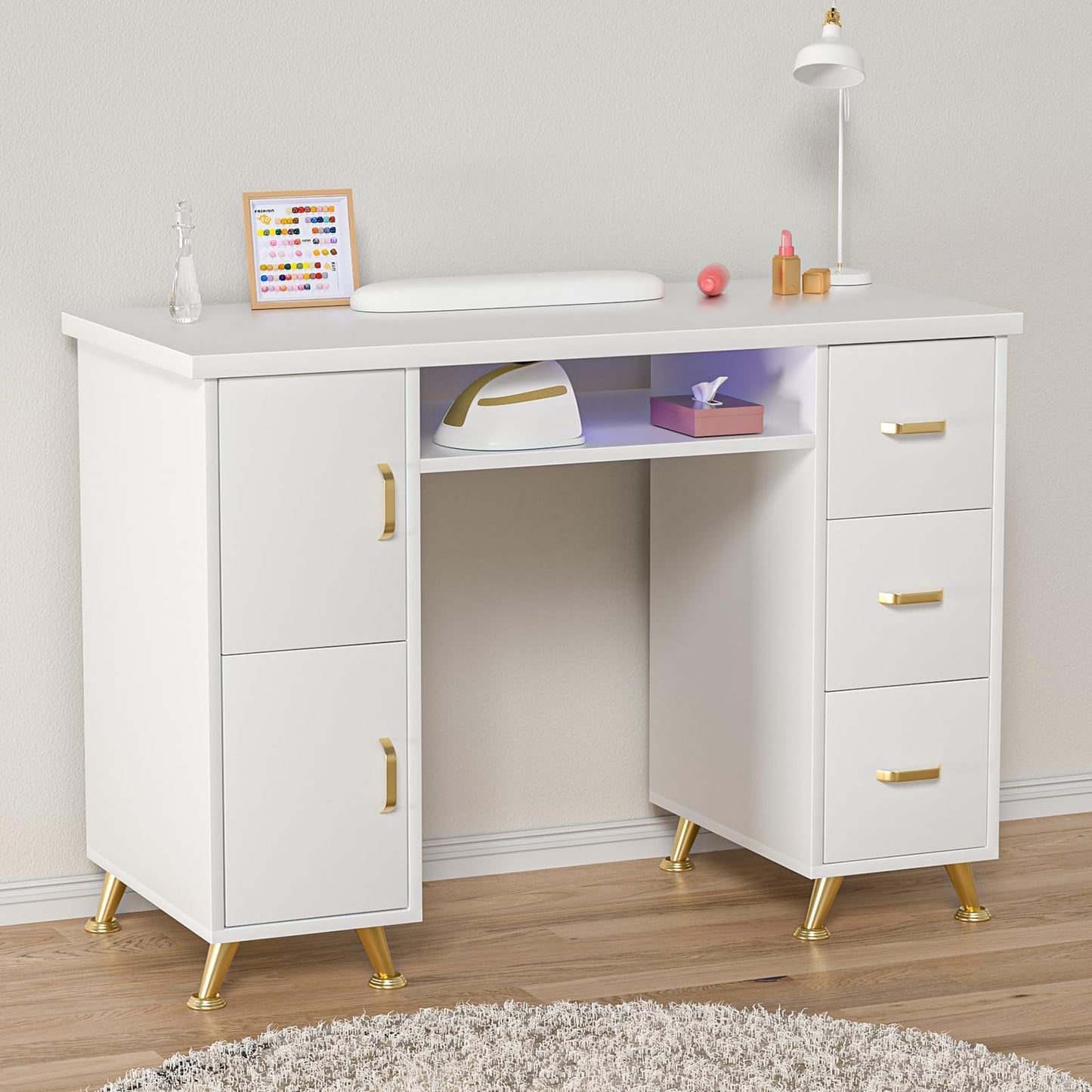 Charmmade Nail Desk for Nail Tech, Professional White Nail Desk with Wrist Pad, Acetone-Resistant Manicure Table with Storage Cabinet, Sturdy Metal Legs Nail Table for Salon, Spa, Home(White-Gold)