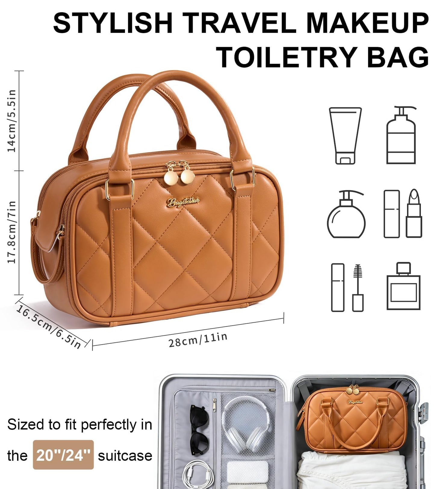 Bagstellar Travel Makeup Bag, Large Capacity Quilted Toiletry Bag for Women Stand-up Cosmetic Bag Open Flat Make Up Case Organizer Portable Pouch Purse w/Handle for Traveling Accessories, Brown
